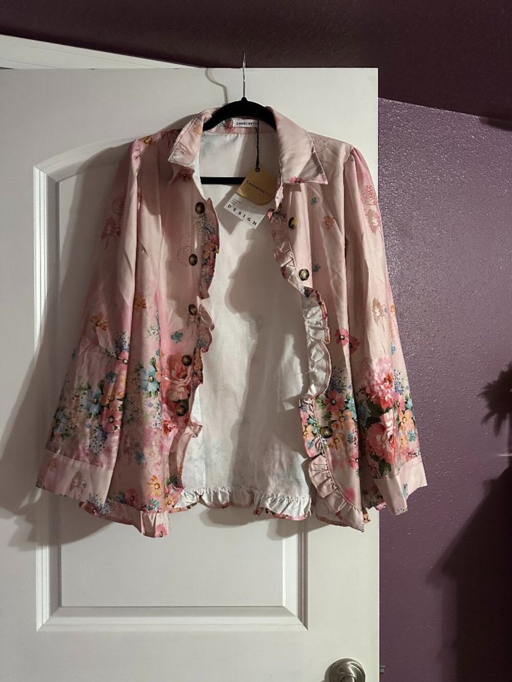 Floral Print Ruffle Trim Collared Jacket Coat